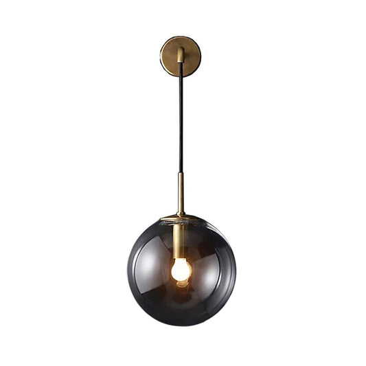 Modern Spherical Wall Lighting Fixture 1 Bulb Smoked Glass Sconce Light in Black/Brass for Living Room, 8"/10" Clearhalo 'Cast Iron' 'Glass' 'Industrial wall lights' 'Industrial' 'Middle century wall lights' 'Modern' 'Tiffany' 'Traditional wall lights' 'Wall Lamps & Sconces' 'Wall Lights' Lighting' 143516