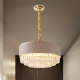 Crystal Prisms Drum Chandelier Lamp Fixture Modernist 10 Lights Gold Pendulum Light with Leatherwear Detail Clearhalo 'Ceiling Lights' 'Chandeliers' 'Modern Chandeliers' 'Modern' Lighting' 1435196