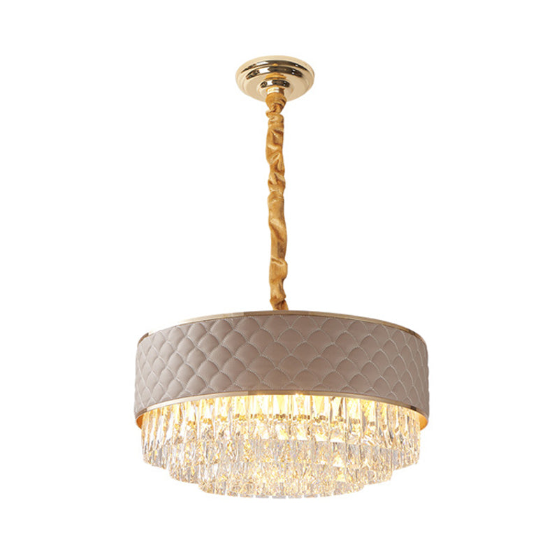 Crystal Prisms Drum Chandelier Lamp Fixture Modernist 10 Lights Gold Pendulum Light with Leatherwear Detail Clearhalo 'Ceiling Lights' 'Chandeliers' 'Modern Chandeliers' 'Modern' Lighting' 1435197