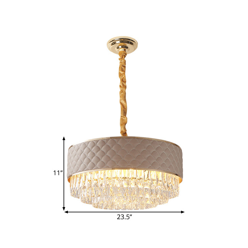 Crystal Prisms Drum Chandelier Lamp Fixture Modernist 10 Lights Gold Pendulum Light with Leatherwear Detail Clearhalo 'Ceiling Lights' 'Chandeliers' 'Modern Chandeliers' 'Modern' Lighting' 1435198