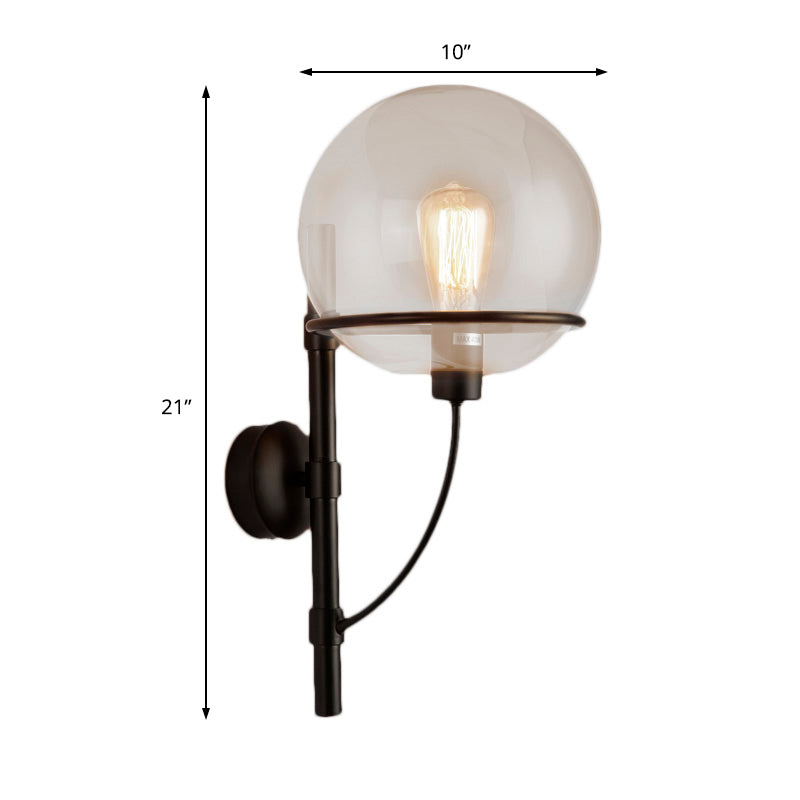 1 Light Globe Sconce Light Fixture Industrial Black Clear Glass Wall Lamp for Coffee Shop Clearhalo 'Cast Iron' 'Glass' 'Industrial wall lights' 'Industrial' 'Middle century wall lights' 'Modern' 'Tiffany' 'Traditional wall lights' 'Wall Lamps & Sconces' 'Wall Lights' Lighting' 143520