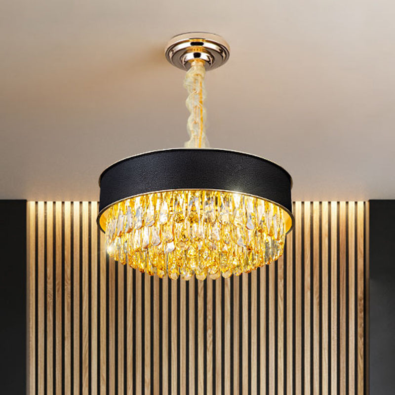 Drum Shape Crystal Block Chandelier Lighting Modernism 9-Light Black/Red/Blue Leatherwear Ceiling Hang Fixture Clearhalo 'Ceiling Lights' 'Chandeliers' 'Modern Chandeliers' 'Modern' Lighting' 1435221