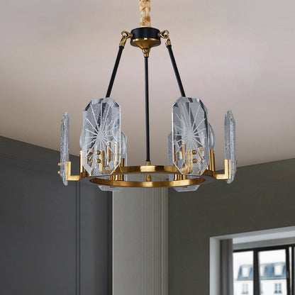 Geometric Panel Pendulum Light Postmodern Clear Crystal Glass 6-Bulb Black and Gold Ring Chandelier Black Clearhalo 'Ceiling Lights' 'Chandeliers' 'Modern Chandeliers' 'Modern' Lighting' 1435224