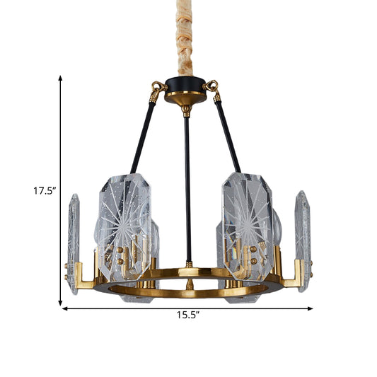 Geometric Panel Pendulum Light Postmodern Clear Crystal Glass 6-Bulb Black and Gold Ring Chandelier Clearhalo 'Ceiling Lights' 'Chandeliers' 'Modern Chandeliers' 'Modern' Lighting' 1435227