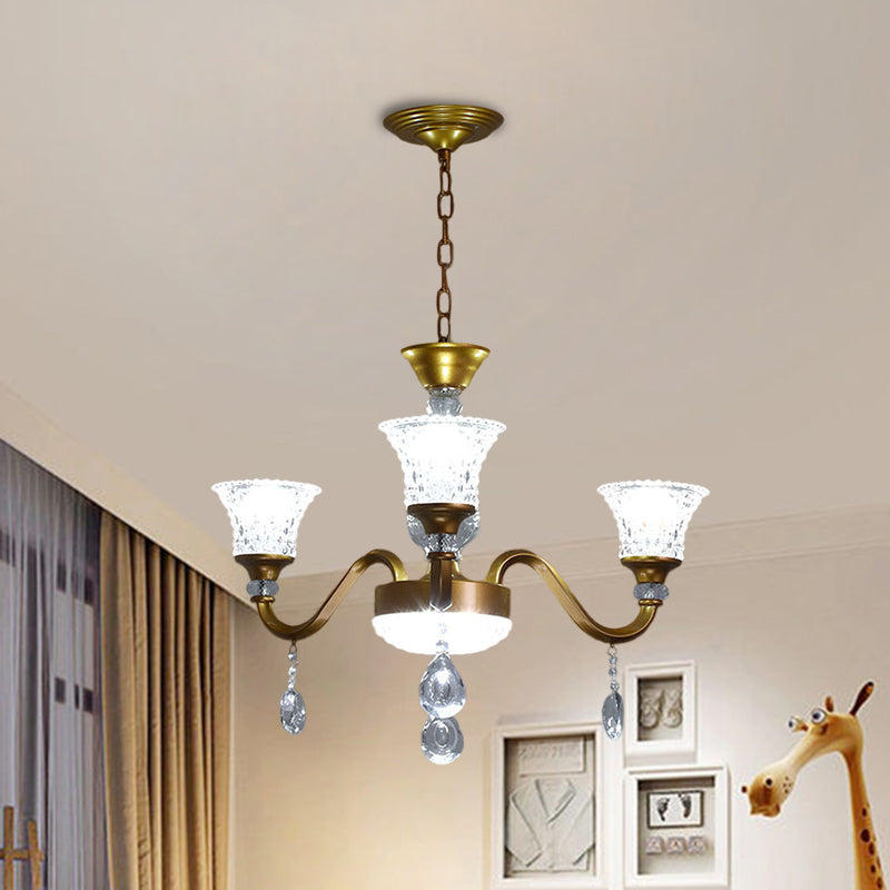 3/6/8-Head Bell Shaped Hanging Chandelier Traditional Gold Finish Clear Crystal Glass Pendant for Parlor 3 Gold Clearhalo 'Ceiling Lights' 'Chandeliers' 'Modern Chandeliers' 'Modern' Lighting' 1435228