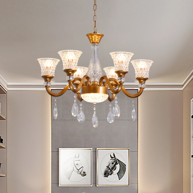 3/6/8-Head Bell Shaped Hanging Chandelier Traditional Gold Finish Clear Crystal Glass Pendant for Parlor Clearhalo 'Ceiling Lights' 'Chandeliers' 'Modern Chandeliers' 'Modern' Lighting' 1435233