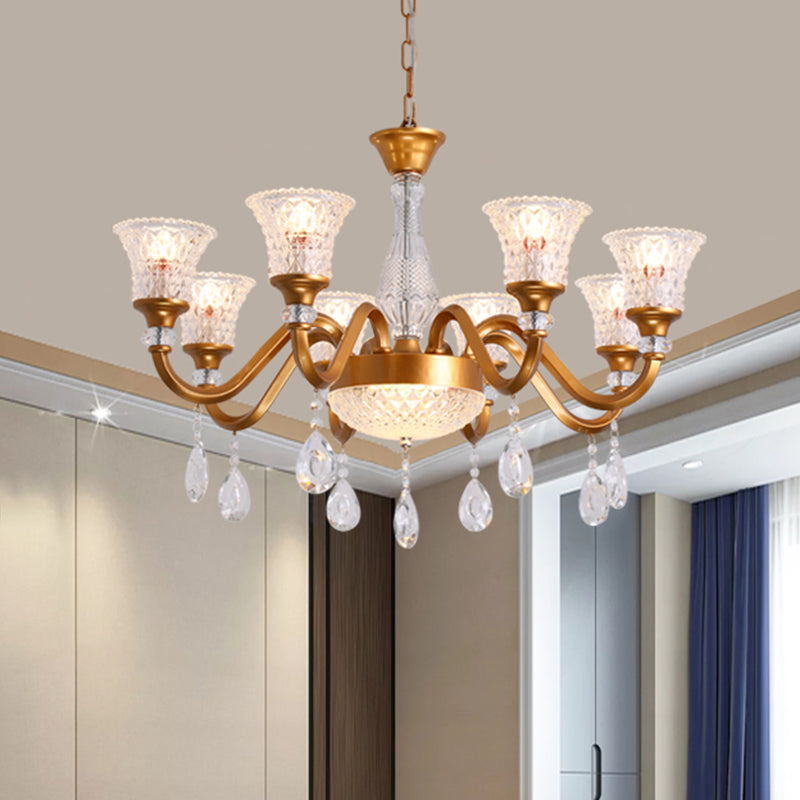 3/6/8-Head Bell Shaped Hanging Chandelier Traditional Gold Finish Clear Crystal Glass Pendant for Parlor 8 Gold Clearhalo 'Ceiling Lights' 'Chandeliers' 'Modern Chandeliers' 'Modern' Lighting' 1435237