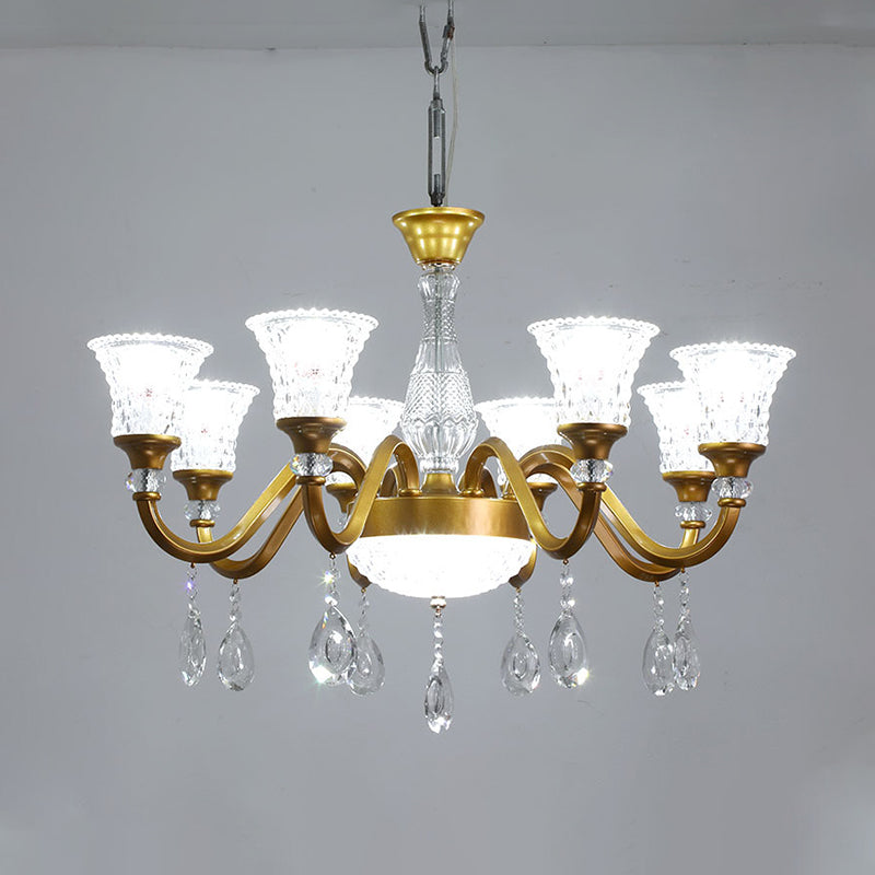 3/6/8-Head Bell Shaped Hanging Chandelier Traditional Gold Finish Clear Crystal Glass Pendant for Parlor Clearhalo 'Ceiling Lights' 'Chandeliers' 'Modern Chandeliers' 'Modern' Lighting' 1435238