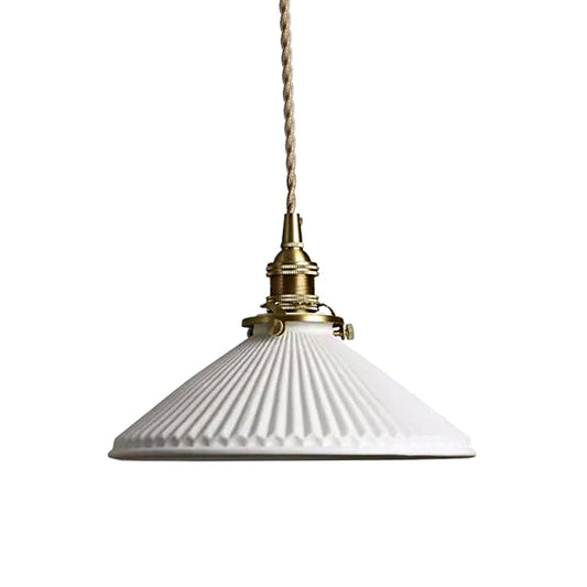 Industrial Style Conical Pendant Light with Ribbed Design 1 Light Ceramics Hanging Lamp in White Clearhalo 'Ceiling Lights' 'Modern Pendants' 'Modern' 'Pendant Lights' 'Pendants' Lighting' 143539