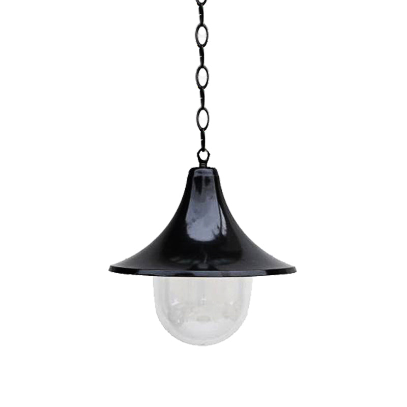 Antique Style Flared Pendant Light with Clear Glass Shade 1 Bulb Hanging Lamp in Rust/Black Finish for Outdoor Clearhalo 'Art Deco Pendants' 'Black' 'Cast Iron' 'Ceiling Lights' 'Ceramic' 'Crystal' 'Industrial Pendants' 'Industrial' 'Metal' 'Middle Century Pendants' 'Pendant Lights' 'Pendants' 'Rustic Pendants' 'Tiffany' Lighting' 143627