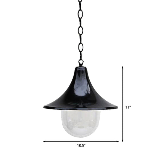 Antique Style Flared Pendant Light with Clear Glass Shade 1 Bulb Hanging Lamp in Rust/Black Finish for Outdoor Clearhalo 'Art Deco Pendants' 'Black' 'Cast Iron' 'Ceiling Lights' 'Ceramic' 'Crystal' 'Industrial Pendants' 'Industrial' 'Metal' 'Middle Century Pendants' 'Pendant Lights' 'Pendants' 'Rustic Pendants' 'Tiffany' Lighting' 143628