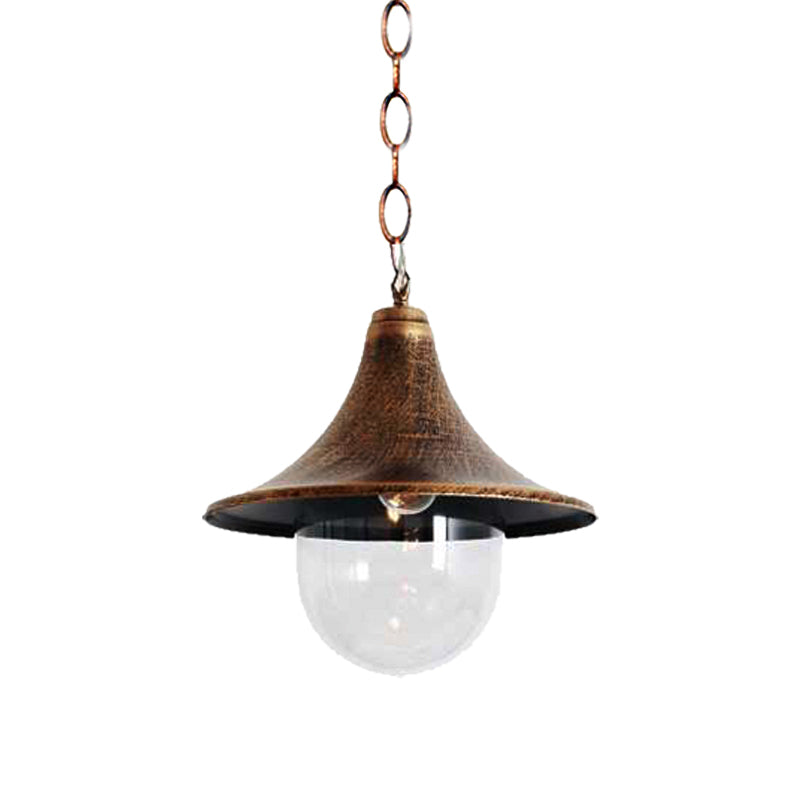 Antique Style Flared Pendant Light with Clear Glass Shade 1 Bulb Hanging Lamp in Rust/Black Finish for Outdoor Clearhalo 'Art Deco Pendants' 'Black' 'Cast Iron' 'Ceiling Lights' 'Ceramic' 'Crystal' 'Industrial Pendants' 'Industrial' 'Metal' 'Middle Century Pendants' 'Pendant Lights' 'Pendants' 'Rustic Pendants' 'Tiffany' Lighting' 143630