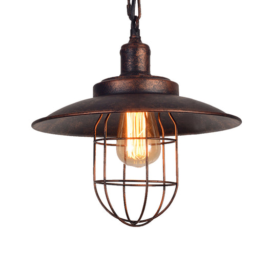 Nautical Saucer Ceiling Light with Cage Shade 1 Light Wrought Iron Hanging Pendant Light in Rust Clearhalo 'Art Deco Pendants' 'Cast Iron' 'Ceiling Lights' 'Ceramic' 'Crystal' 'Industrial Pendants' 'Industrial' 'Metal' 'Middle Century Pendants' 'Pendant Lights' 'Pendants' 'Tiffany' Lighting' 143682
