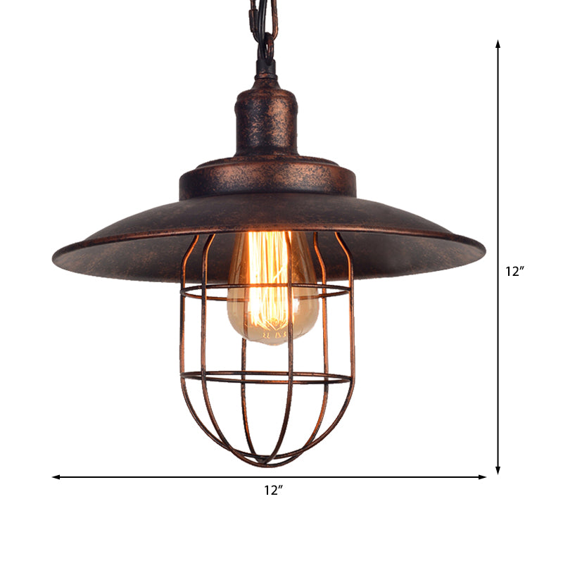 Nautical Saucer Ceiling Light with Cage Shade 1 Light Wrought Iron Hanging Pendant Light in Rust Clearhalo 'Art Deco Pendants' 'Cast Iron' 'Ceiling Lights' 'Ceramic' 'Crystal' 'Industrial Pendants' 'Industrial' 'Metal' 'Middle Century Pendants' 'Pendant Lights' 'Pendants' 'Tiffany' Lighting' 143683