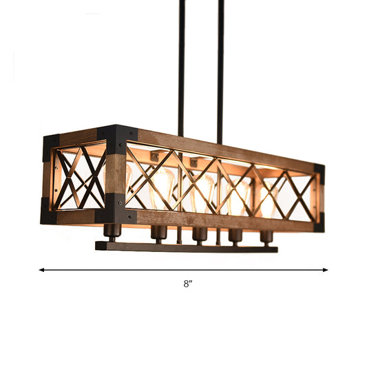 5 Bulbs Rectangle Pendant Light with Frame Shade Rustic Loft Brown Metal and Wood Island Light Clearhalo 'Ceiling Lights' 'Island Lights' Lighting' 143705