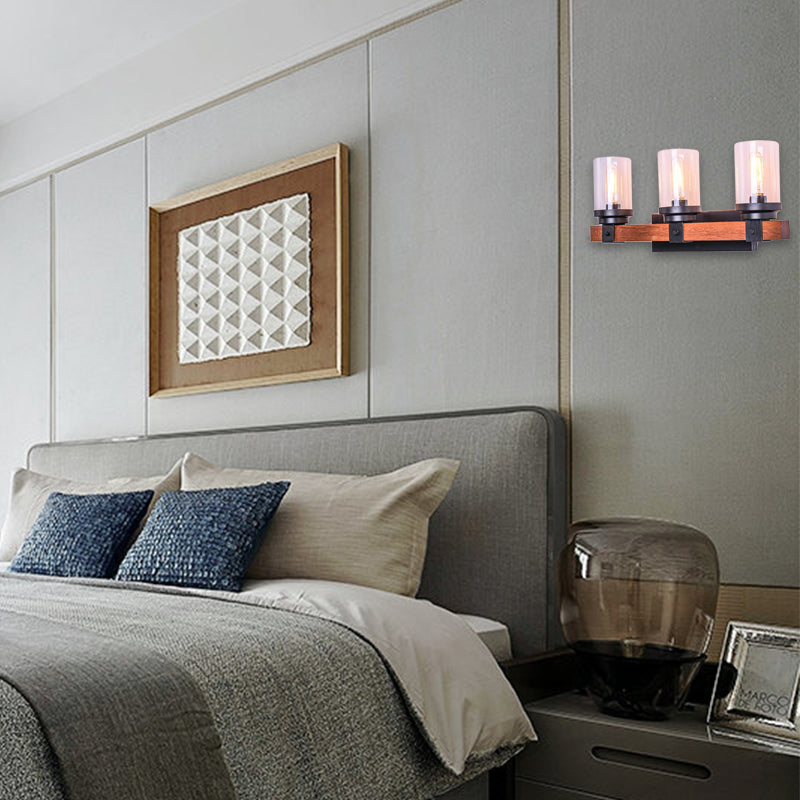 3-Bulb Wall Light with Cylinder Shade Clear Glass Traditional Living Room Sconce Lighting Fixture in Brown Brown Clearhalo 'Industrial wall lights' 'Industrial' 'Middle century wall lights' 'Rustic wall lights' 'Tiffany' 'Wall Lamps & Sconces' 'Wall Lights' Lighting' 143706