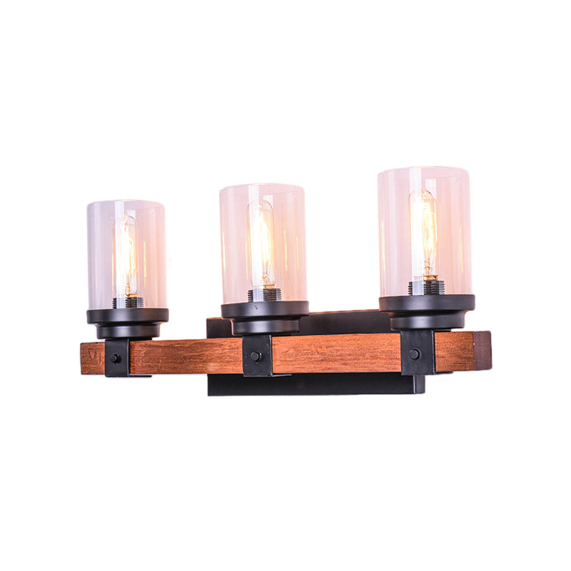 3-Bulb Wall Light with Cylinder Shade Clear Glass Traditional Living Room Sconce Lighting Fixture in Brown Clearhalo 'Industrial wall lights' 'Industrial' 'Middle century wall lights' 'Rustic wall lights' 'Tiffany' 'Wall Lamps & Sconces' 'Wall Lights' Lighting' 143708