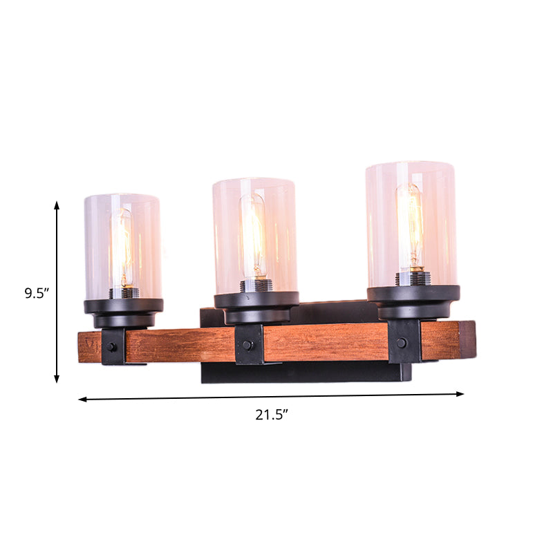 3-Bulb Wall Light with Cylinder Shade Clear Glass Traditional Living Room Sconce Lighting Fixture in Brown Clearhalo 'Industrial wall lights' 'Industrial' 'Middle century wall lights' 'Rustic wall lights' 'Tiffany' 'Wall Lamps & Sconces' 'Wall Lights' Lighting' 143709