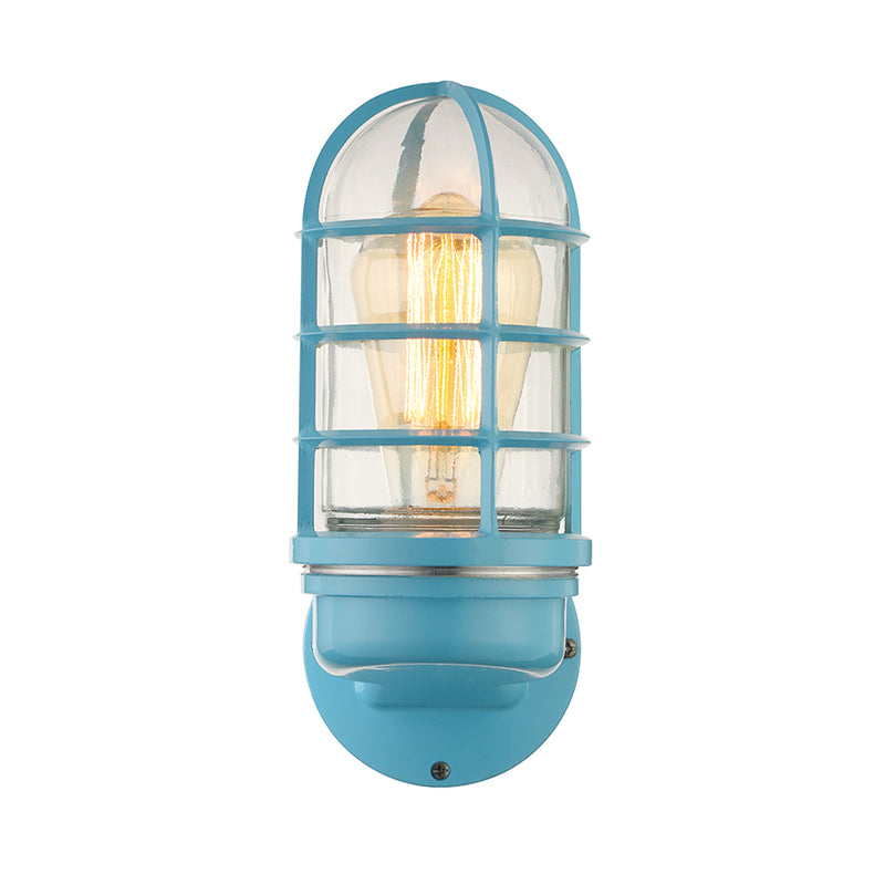 Cylinder Clear Glass Wall Mounted Lamp Industrial Single Bulb Living Room Sconce Light in Pink/Blue/Green with Cage Clearhalo 'Cast Iron' 'Glass' 'Industrial' 'Modern wall lights' 'Modern' 'Tiffany' 'Traditional wall lights' 'Wall Lamps & Sconces' 'Wall Lights' Lighting' 143722