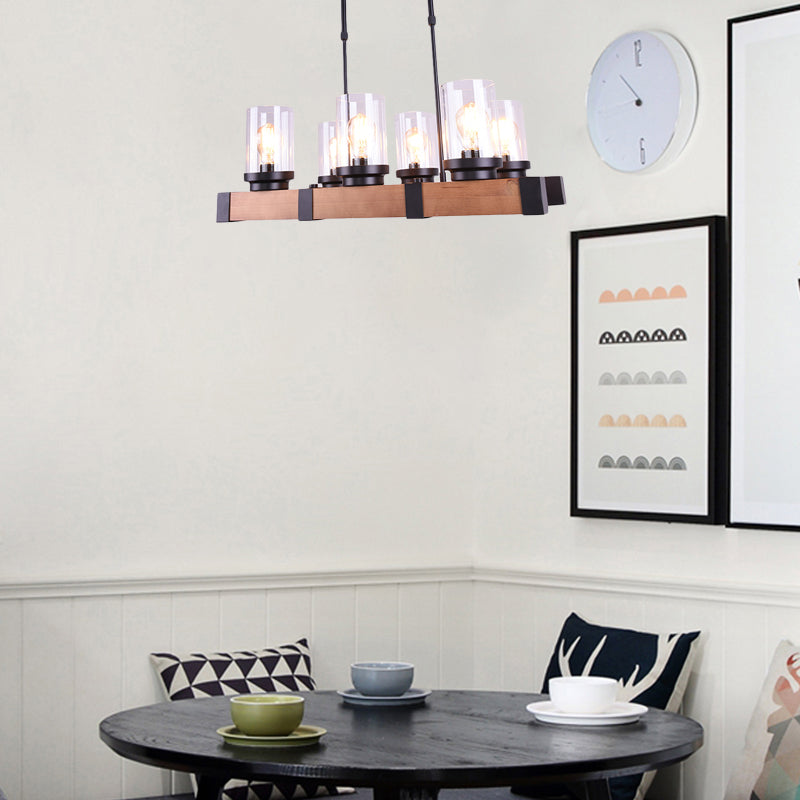 3/6 Lights Island Lighting with Cylinder Shade Clear Glass Industrial Dining Room Hanging Lamp in Brown 6 Brown Clearhalo 'Ceiling Lights' 'Glass shade' 'Glass' 'Island Lights' 'Pendant Lights' Lighting' 143732