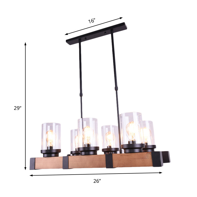 3/6 Lights Island Lighting with Cylinder Shade Clear Glass Industrial Dining Room Hanging Lamp in Brown Clearhalo 'Ceiling Lights' 'Glass shade' 'Glass' 'Island Lights' 'Pendant Lights' Lighting' 143735