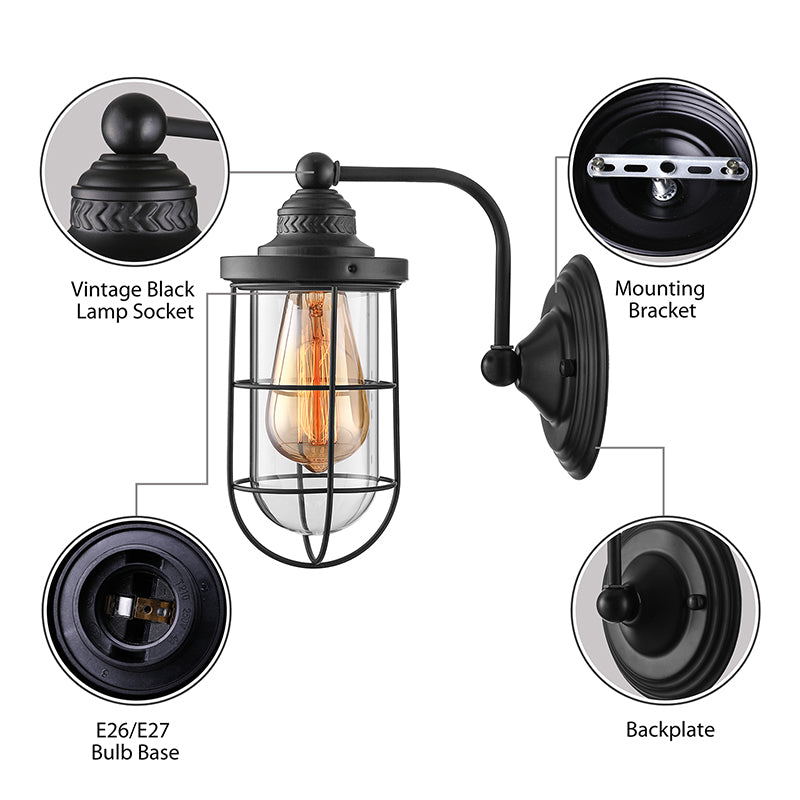 Industrial Wire Cage Wall Lighting Fixture 1/2-Bulb Clear Glass Sconce Light in Black for Stairway Clearhalo 'Cast Iron' 'Glass' 'Industrial wall lights' 'Industrial' 'Middle century wall lights' 'Modern' 'Tiffany' 'Traditional wall lights' 'Wall Lamps & Sconces' 'Wall Lights' Lighting' 143772