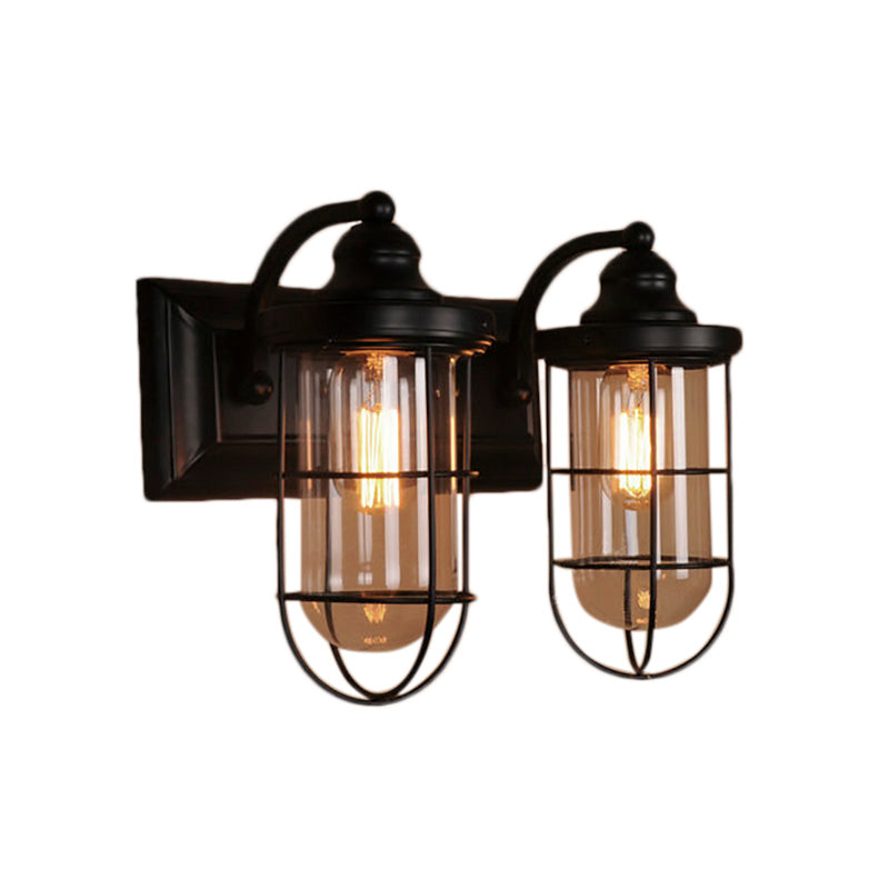 Industrial Wire Cage Wall Lighting Fixture 1/2-Bulb Clear Glass Sconce Light in Black for Stairway Clearhalo 'Cast Iron' 'Glass' 'Industrial wall lights' 'Industrial' 'Middle century wall lights' 'Modern' 'Tiffany' 'Traditional wall lights' 'Wall Lamps & Sconces' 'Wall Lights' Lighting' 143775