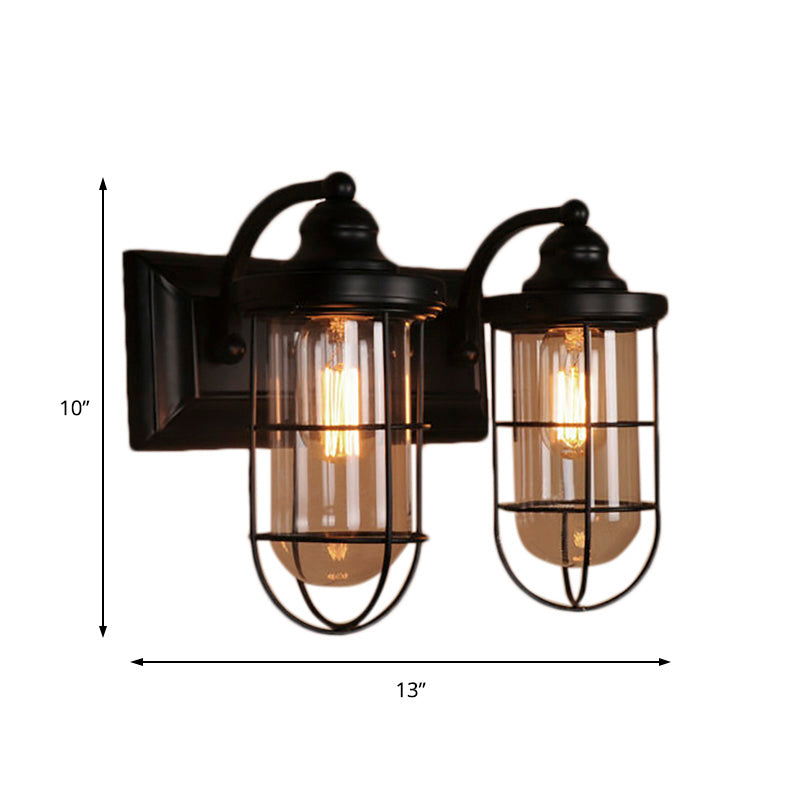 Industrial Wire Cage Wall Lighting Fixture 1/2-Bulb Clear Glass Sconce Light in Black for Stairway Clearhalo 'Cast Iron' 'Glass' 'Industrial wall lights' 'Industrial' 'Middle century wall lights' 'Modern' 'Tiffany' 'Traditional wall lights' 'Wall Lamps & Sconces' 'Wall Lights' Lighting' 143776