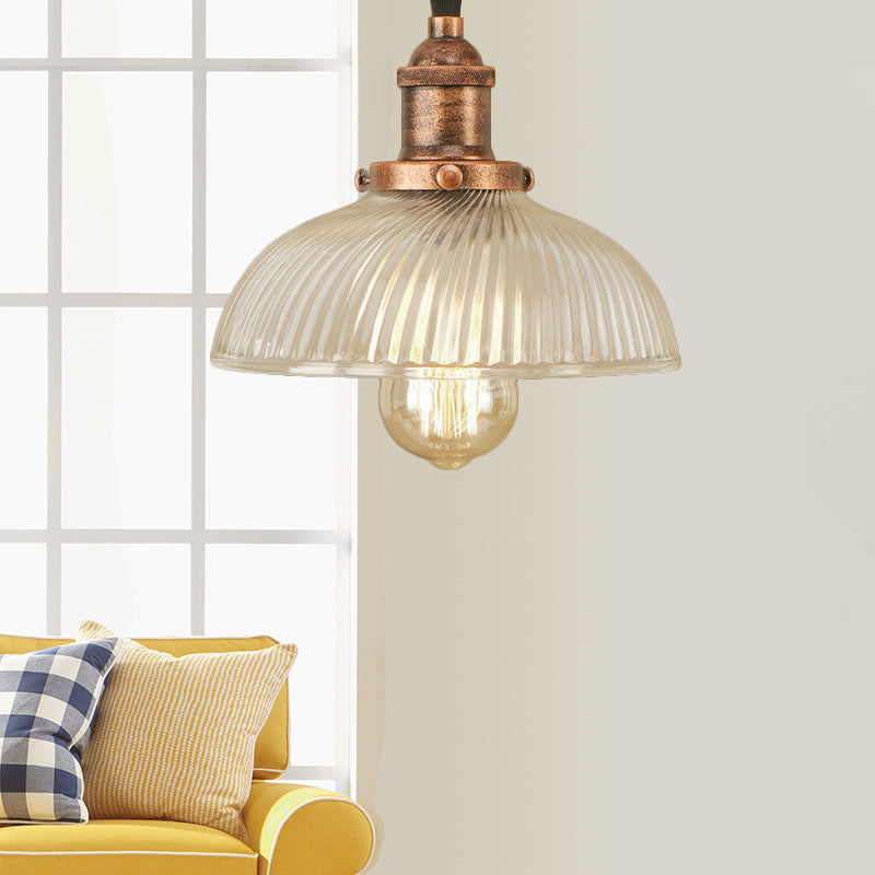 Black/Bronze/Rust Dome Pendant Ceiling Light Industrial Ribbed Glass 1 Light Dining Room Hanging Lamp Rust Clearhalo 'Ceiling Lights' 'Glass shade' 'Glass' 'Industrial Pendants' 'Industrial' 'Middle Century Pendants' 'Pendant Lights' 'Pendants' 'Tiffany' Lighting' 143795