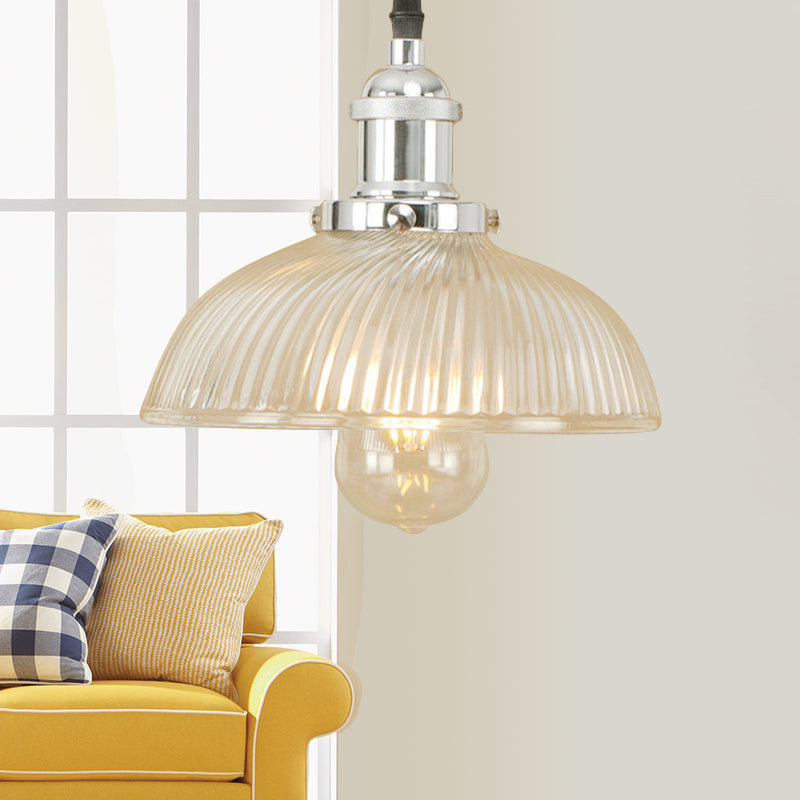 Black/Bronze/Rust Dome Pendant Ceiling Light Industrial Ribbed Glass 1 Light Dining Room Hanging Lamp Chrome Clearhalo 'Ceiling Lights' 'Glass shade' 'Glass' 'Industrial Pendants' 'Industrial' 'Middle Century Pendants' 'Pendant Lights' 'Pendants' 'Tiffany' Lighting' 143802