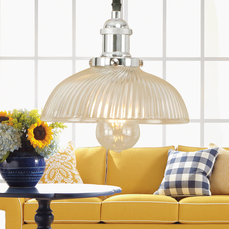 Black/Bronze/Rust Dome Pendant Ceiling Light Industrial Ribbed Glass 1 Light Dining Room Hanging Lamp Clearhalo 'Ceiling Lights' 'Glass shade' 'Glass' 'Industrial Pendants' 'Industrial' 'Middle Century Pendants' 'Pendant Lights' 'Pendants' 'Tiffany' Lighting' 143803