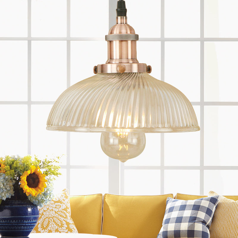Black/Bronze/Rust Dome Pendant Ceiling Light Industrial Ribbed Glass 1 Light Dining Room Hanging Lamp Clearhalo 'Ceiling Lights' 'Glass shade' 'Glass' 'Industrial Pendants' 'Industrial' 'Middle Century Pendants' 'Pendant Lights' 'Pendants' 'Tiffany' Lighting' 143809
