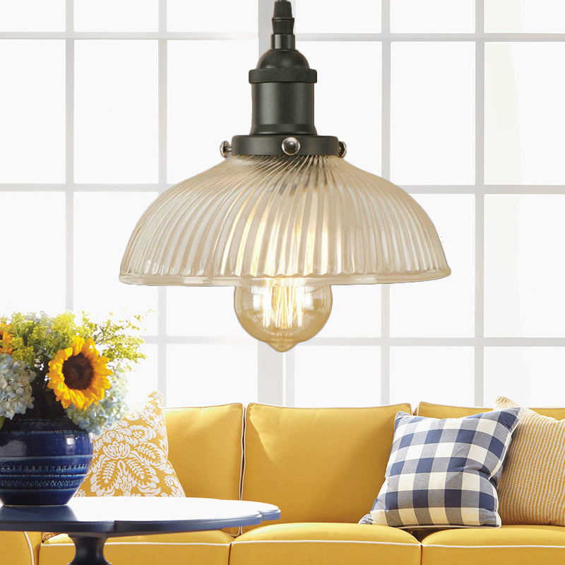Black/Bronze/Rust Dome Pendant Ceiling Light Industrial Ribbed Glass 1 Light Dining Room Hanging Lamp Black Clearhalo 'Ceiling Lights' 'Glass shade' 'Glass' 'Industrial Pendants' 'Industrial' 'Middle Century Pendants' 'Pendant Lights' 'Pendants' 'Tiffany' Lighting' 143811