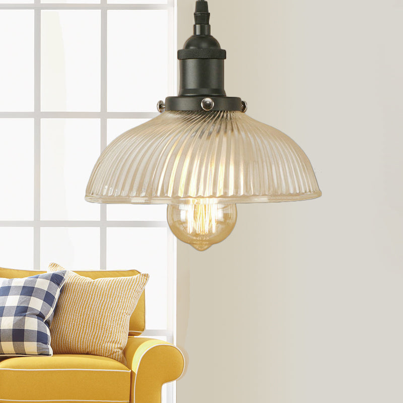 Black/Bronze/Rust Dome Pendant Ceiling Light Industrial Ribbed Glass 1 Light Dining Room Hanging Lamp Clearhalo 'Ceiling Lights' 'Glass shade' 'Glass' 'Industrial Pendants' 'Industrial' 'Middle Century Pendants' 'Pendant Lights' 'Pendants' 'Tiffany' Lighting' 143812