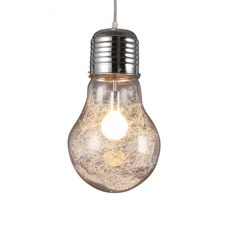 Bulb Shaped Pendant Lighting Industrial 1 Light Clear Glass Hanging Ceiling Light in Chrome, 6"/8.5"/12" Wide Clearhalo 'Ceiling Lights' 'Glass shade' 'Glass' 'Industrial Pendants' 'Industrial' 'Middle Century Pendants' 'Pendant Lights' 'Pendants' 'Tiffany' Lighting' 143880