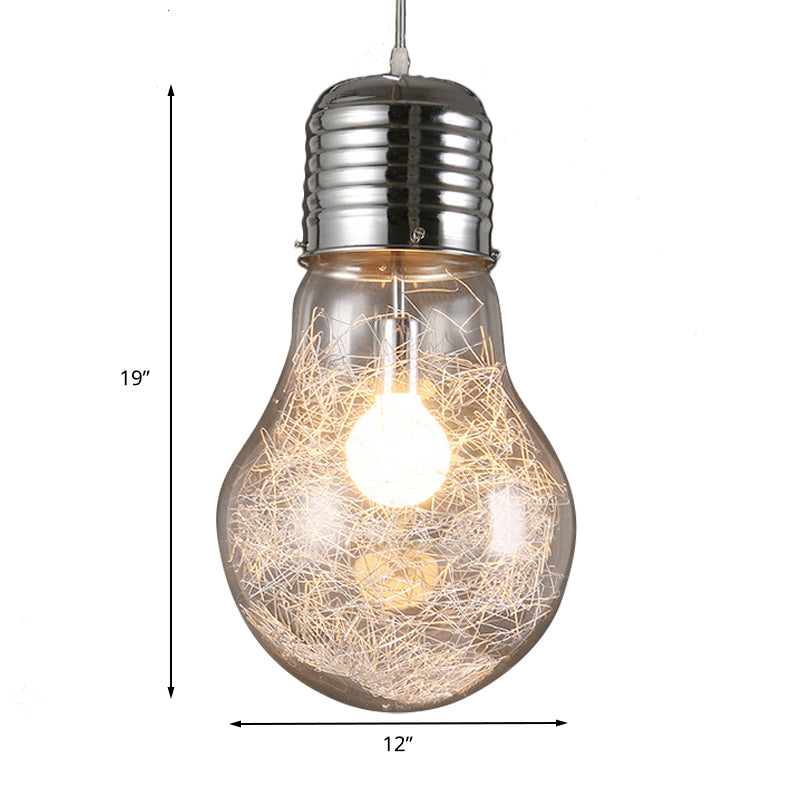 Bulb Shaped Pendant Lighting Industrial 1 Light Clear Glass Hanging Ceiling Light in Chrome, 6"/8.5"/12" Wide Clearhalo 'Ceiling Lights' 'Glass shade' 'Glass' 'Industrial Pendants' 'Industrial' 'Middle Century Pendants' 'Pendant Lights' 'Pendants' 'Tiffany' Lighting' 143881