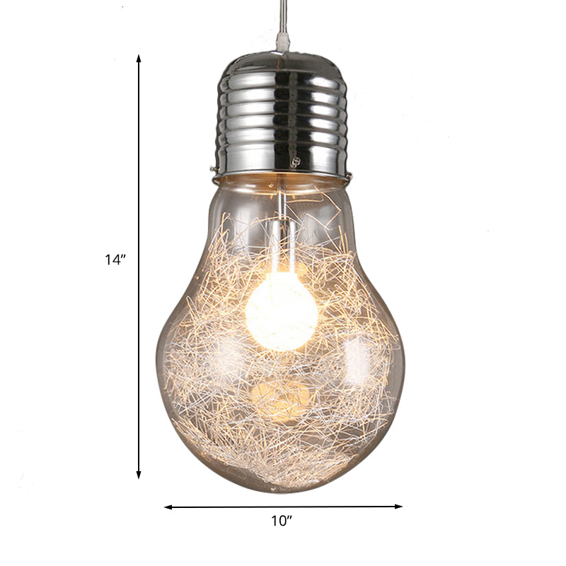 Bulb Shaped Pendant Lighting Industrial 1 Light Clear Glass Hanging Ceiling Light in Chrome, 6"/8.5"/12" Wide Clearhalo 'Ceiling Lights' 'Glass shade' 'Glass' 'Industrial Pendants' 'Industrial' 'Middle Century Pendants' 'Pendant Lights' 'Pendants' 'Tiffany' Lighting' 143882