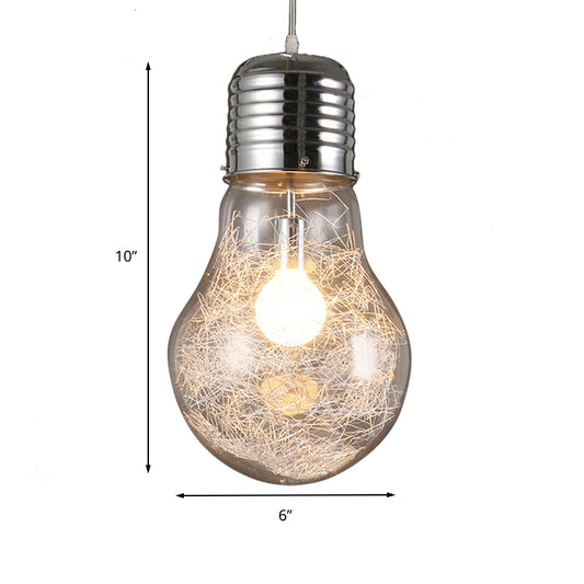 Bulb Shaped Pendant Lighting Industrial 1 Light Clear Glass Hanging Ceiling Light in Chrome, 6"/8.5"/12" Wide Clearhalo 'Ceiling Lights' 'Glass shade' 'Glass' 'Industrial Pendants' 'Industrial' 'Middle Century Pendants' 'Pendant Lights' 'Pendants' 'Tiffany' Lighting' 143883