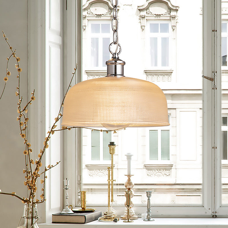 1 Light Dome Pendant Lighting Fixture Modern Chrome Clear Prismatic Glass Hanging Ceiling Light White Clearhalo 'Ceiling Lights' 'Glass shade' 'Glass' 'Industrial Pendants' 'Industrial' 'Middle Century Pendants' 'Pendant Lights' 'Pendants' 'Tiffany' Lighting' 143884