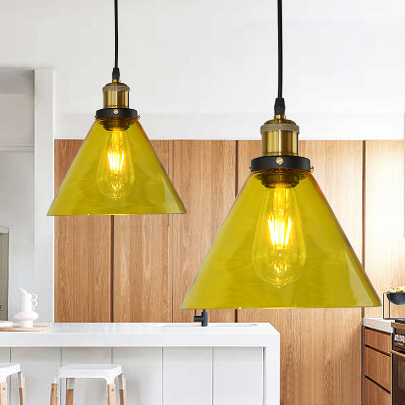1 Light Hanging Ceiling Light with Cone Yellow Glass Industrial Living Room Pendant Lighting Clearhalo 'Ceiling Lights' 'Glass shade' 'Glass' 'Industrial Pendants' 'Industrial' 'Middle Century Pendants' 'Pendant Lights' 'Pendants' 'Tiffany' Lighting' 143906