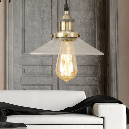 1 Light Clear Glass Pendant Lamp Industrial Black/Rust/Copper Cone Living Room Hanging Light Fixture Bronze Clearhalo 'Ceiling Lights' 'Glass shade' 'Glass' 'Industrial Pendants' 'Industrial' 'Middle Century Pendants' 'Pendant Lights' 'Pendants' 'Tiffany' Lighting' 143987