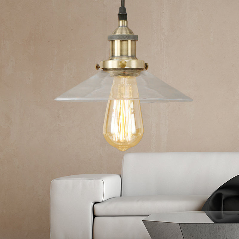 1 Light Clear Glass Pendant Lamp Industrial Black/Rust/Copper Cone Living Room Hanging Light Fixture Clearhalo 'Ceiling Lights' 'Glass shade' 'Glass' 'Industrial Pendants' 'Industrial' 'Middle Century Pendants' 'Pendant Lights' 'Pendants' 'Tiffany' Lighting' 143988