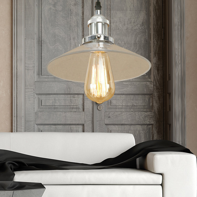 1 Light Clear Glass Pendant Lamp Industrial Black/Rust/Copper Cone Living Room Hanging Light Fixture Clearhalo 'Ceiling Lights' 'Glass shade' 'Glass' 'Industrial Pendants' 'Industrial' 'Middle Century Pendants' 'Pendant Lights' 'Pendants' 'Tiffany' Lighting' 143992