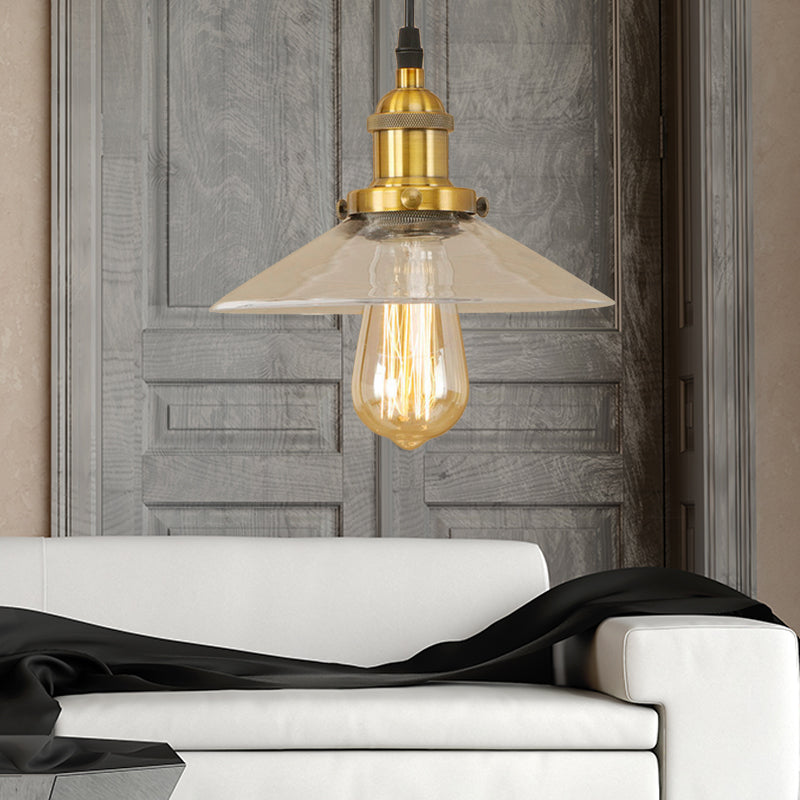 1 Light Clear Glass Pendant Lamp Industrial Black/Rust/Copper Cone Living Room Hanging Light Fixture Gold Clearhalo 'Ceiling Lights' 'Glass shade' 'Glass' 'Industrial Pendants' 'Industrial' 'Middle Century Pendants' 'Pendant Lights' 'Pendants' 'Tiffany' Lighting' 143995