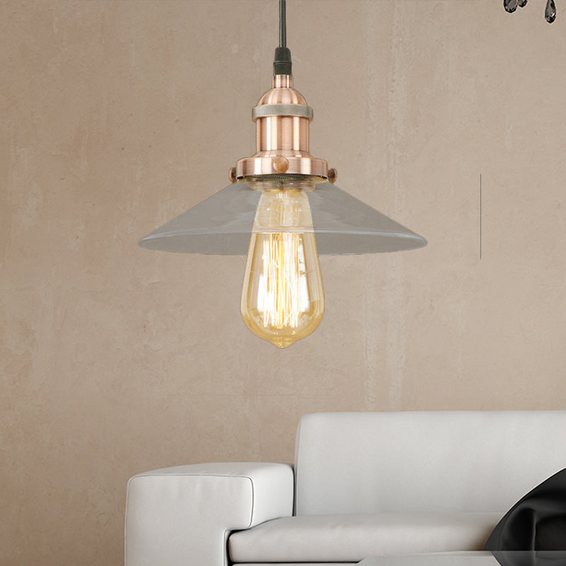 1 Light Clear Glass Pendant Lamp Industrial Black/Rust/Copper Cone Living Room Hanging Light Fixture Copper Clearhalo 'Ceiling Lights' 'Glass shade' 'Glass' 'Industrial Pendants' 'Industrial' 'Middle Century Pendants' 'Pendant Lights' 'Pendants' 'Tiffany' Lighting' 143999