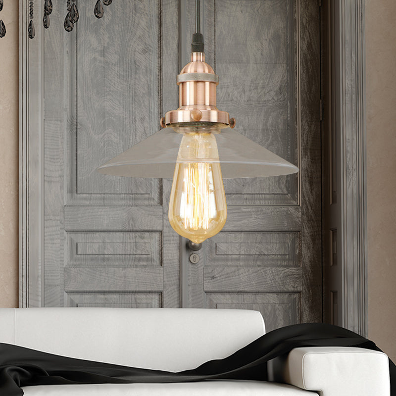 1 Light Clear Glass Pendant Lamp Industrial Black/Rust/Copper Cone Living Room Hanging Light Fixture Clearhalo 'Ceiling Lights' 'Glass shade' 'Glass' 'Industrial Pendants' 'Industrial' 'Middle Century Pendants' 'Pendant Lights' 'Pendants' 'Tiffany' Lighting' 144000