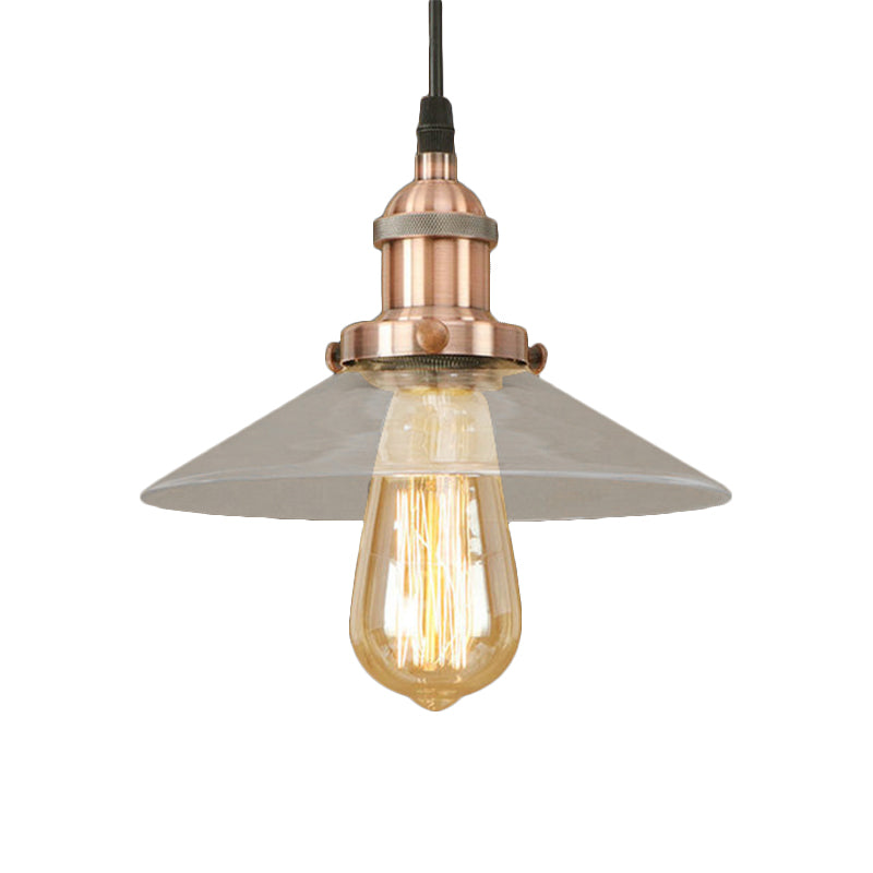 1 Light Clear Glass Pendant Lamp Industrial Black/Rust/Copper Cone Living Room Hanging Light Fixture Clearhalo 'Ceiling Lights' 'Glass shade' 'Glass' 'Industrial Pendants' 'Industrial' 'Middle Century Pendants' 'Pendant Lights' 'Pendants' 'Tiffany' Lighting' 144001