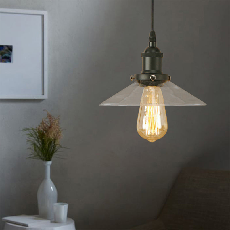 1 Light Clear Glass Pendant Lamp Industrial Black/Rust/Copper Cone Living Room Hanging Light Fixture Black Clearhalo 'Ceiling Lights' 'Glass shade' 'Glass' 'Industrial Pendants' 'Industrial' 'Middle Century Pendants' 'Pendant Lights' 'Pendants' 'Tiffany' Lighting' 144002