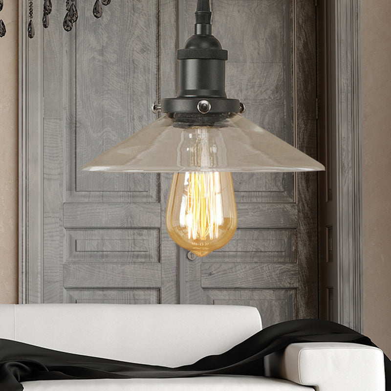 1 Light Clear Glass Pendant Lamp Industrial Black/Rust/Copper Cone Living Room Hanging Light Fixture Clearhalo 'Ceiling Lights' 'Glass shade' 'Glass' 'Industrial Pendants' 'Industrial' 'Middle Century Pendants' 'Pendant Lights' 'Pendants' 'Tiffany' Lighting' 144003