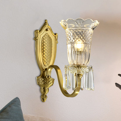 Vintage Floral Shade Up Wall Light 1 Light Clear Crystal Glass Wall Mounted Lamp in Gold Gold Clearhalo 'Modern wall lights' 'Modern' 'Wall Lamps & Sconces' 'Wall Lights' Lighting' 1440037